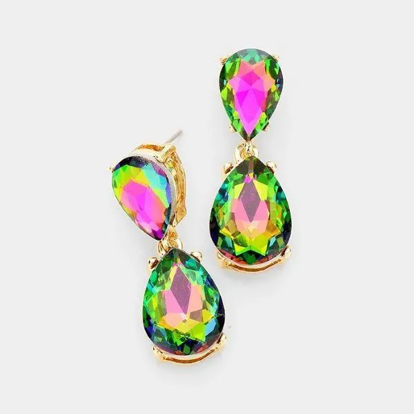 Oil Spill Crystal Double Teardrop Gold Earrings