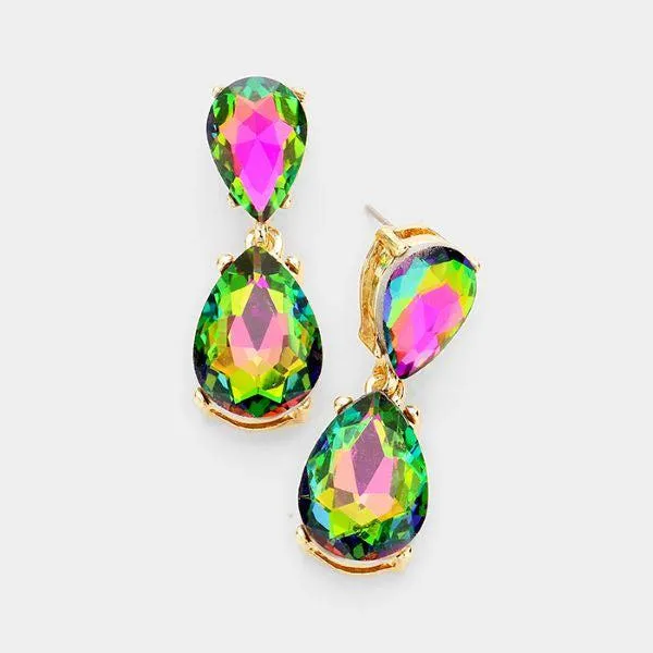 Oil Spill Crystal Double Teardrop Gold Earrings
