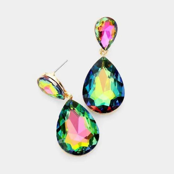 Oil Spill Crystal Double Teardrop Gold Earrings