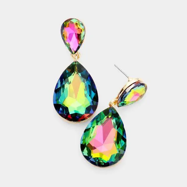 Oil Spill Crystal Double Teardrop Gold Earrings