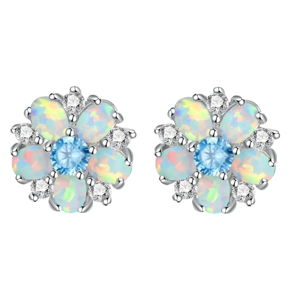 Opal Flower Stud Earrings (Silver, Stud)