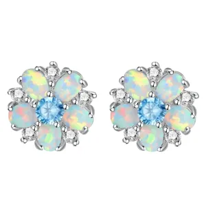 Opal Flower Stud Earrings (Silver, Stud)