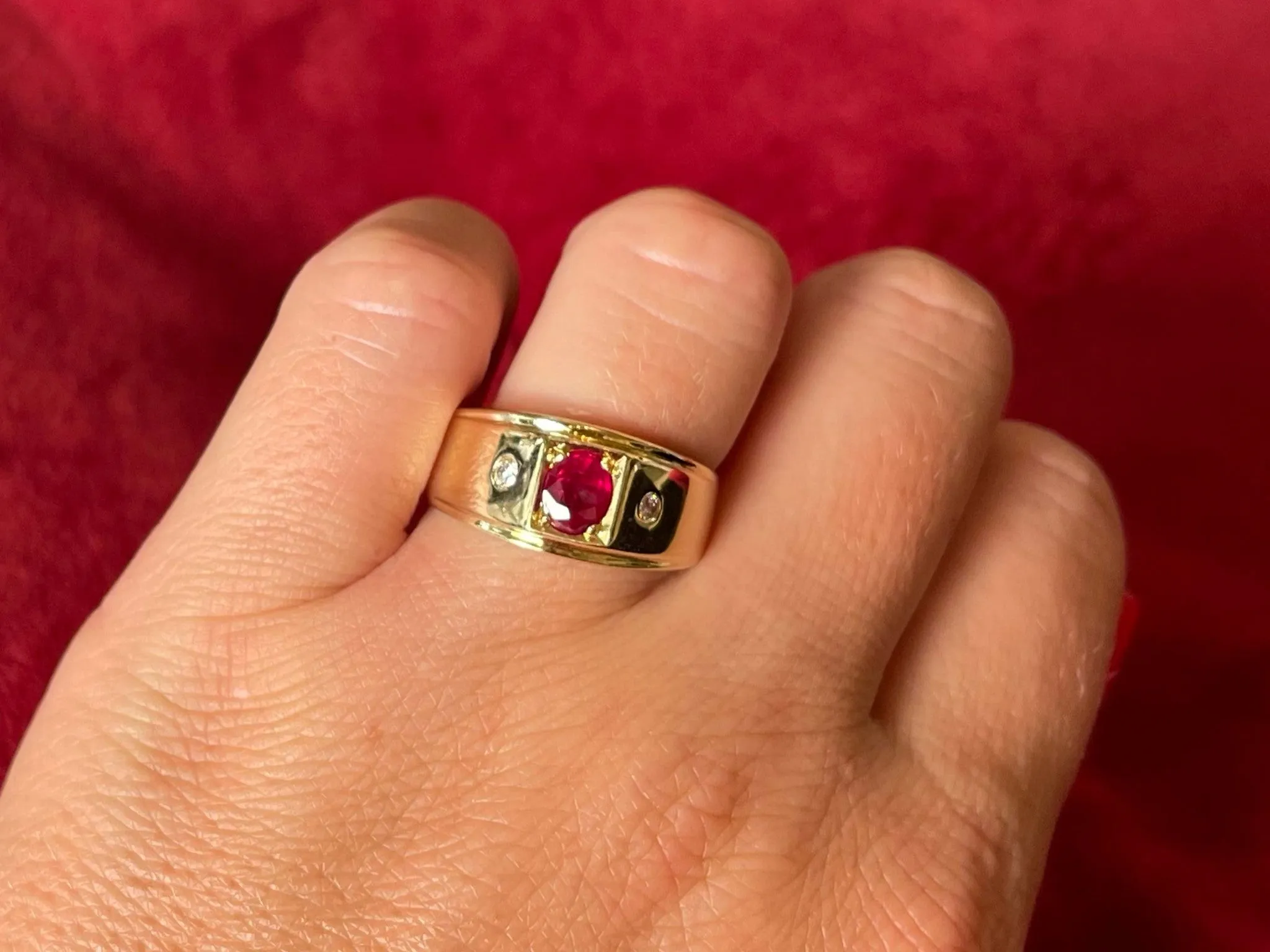 Oval Burma Red Ruby and Diamond Ring 18k Yellow Gold