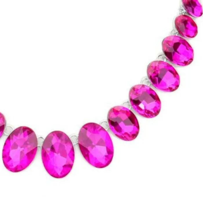 Oval Fuchsia Crystal Link Evening Silver Necklace Set