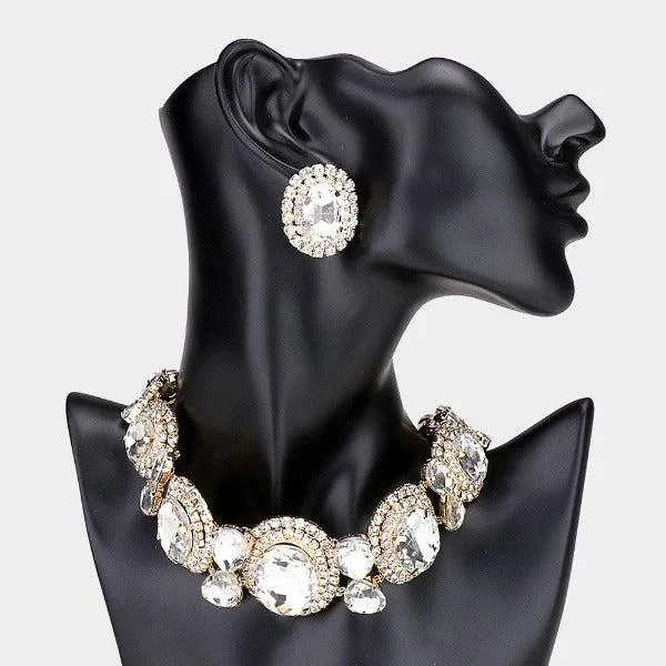 Oval Stone Accented Evening Choker Gold Necklace Set