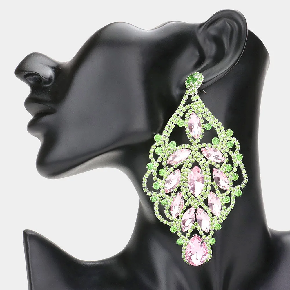 Over Sized Pink & Green Crystal and Rhinestone Statement Earrings |  606371