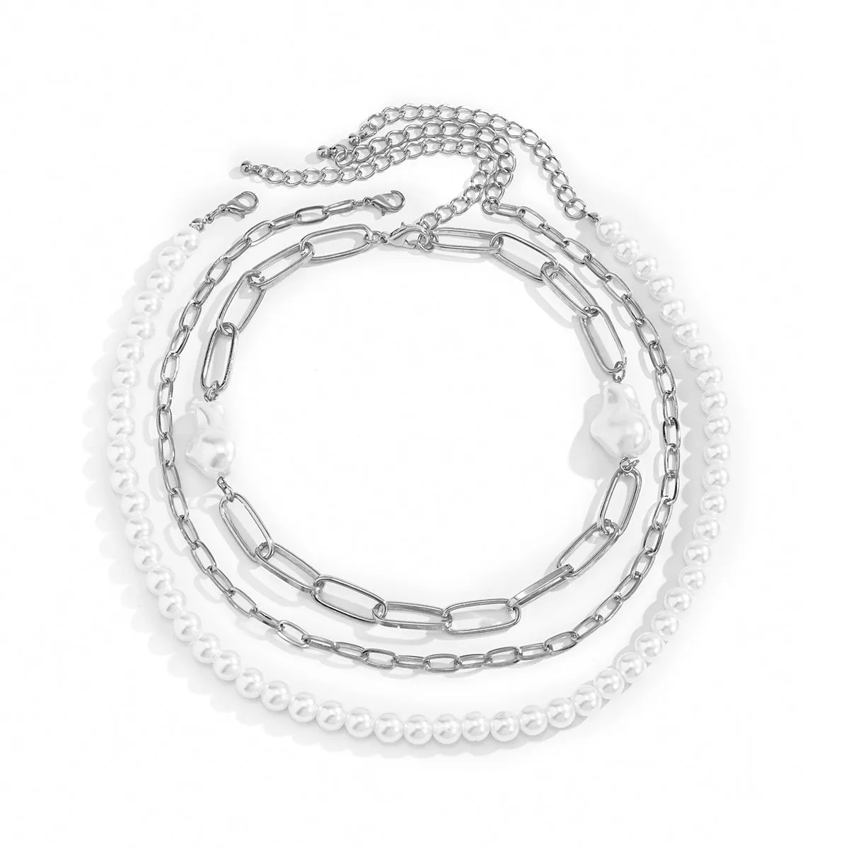 Pearl & Silver-Plated Figaro Chain Necklace Set