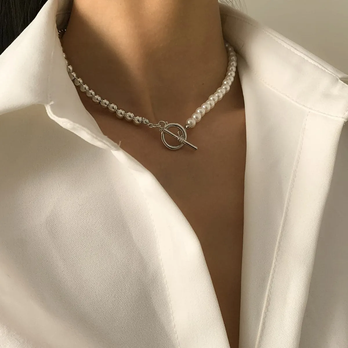 Pearl & Silver-Plated Half Bead Chain Toggle Necklace