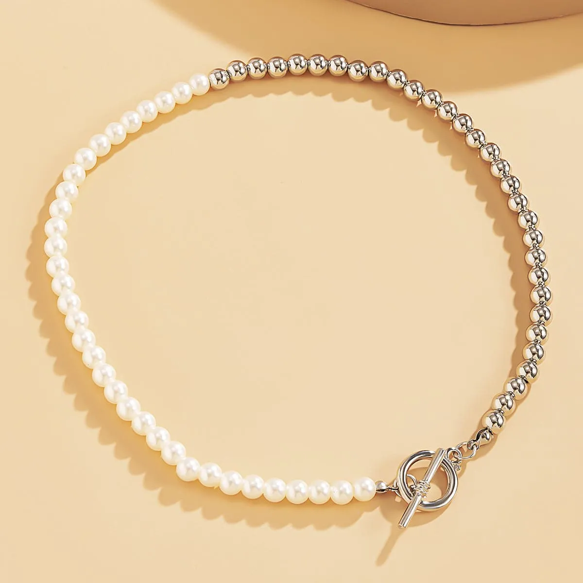 Pearl & Silver-Plated Half Bead Chain Toggle Necklace