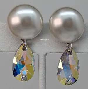 Pearl button and AB Austrian crystal drop earring