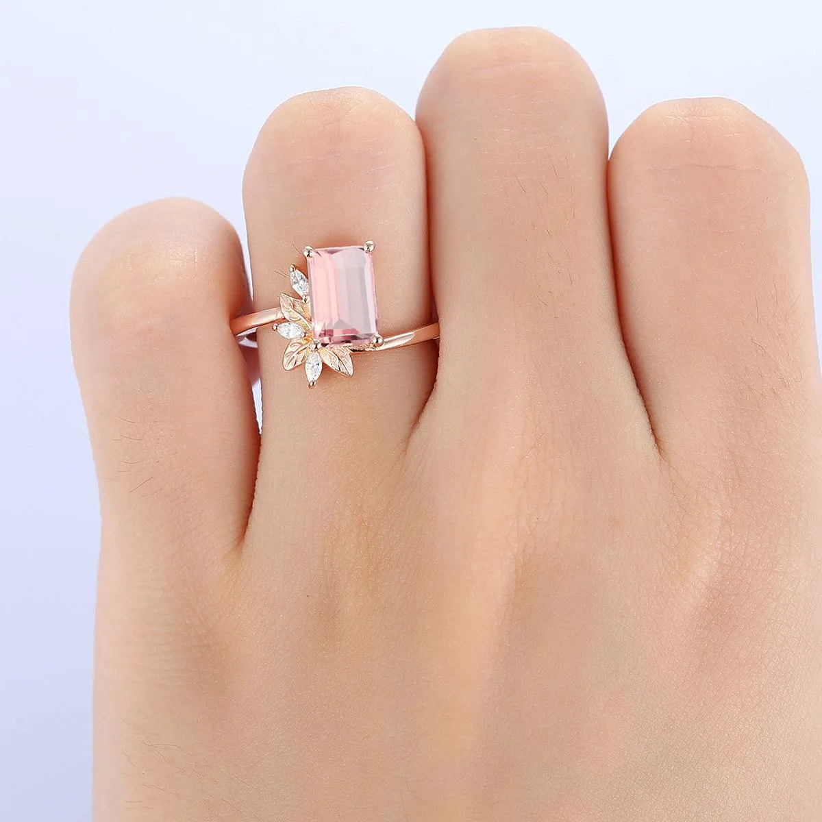 Personalized Design 2 CT Emerald Cut Natural Pink Morganite Bridal Ring