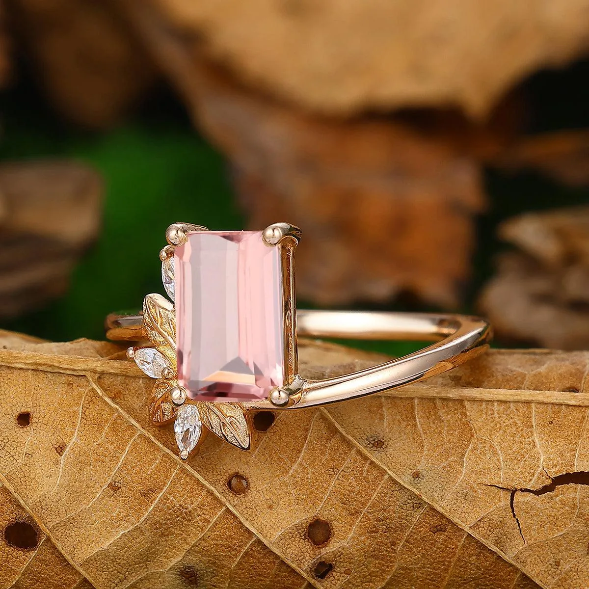 Personalized Design 2 CT Emerald Cut Natural Pink Morganite Bridal Ring