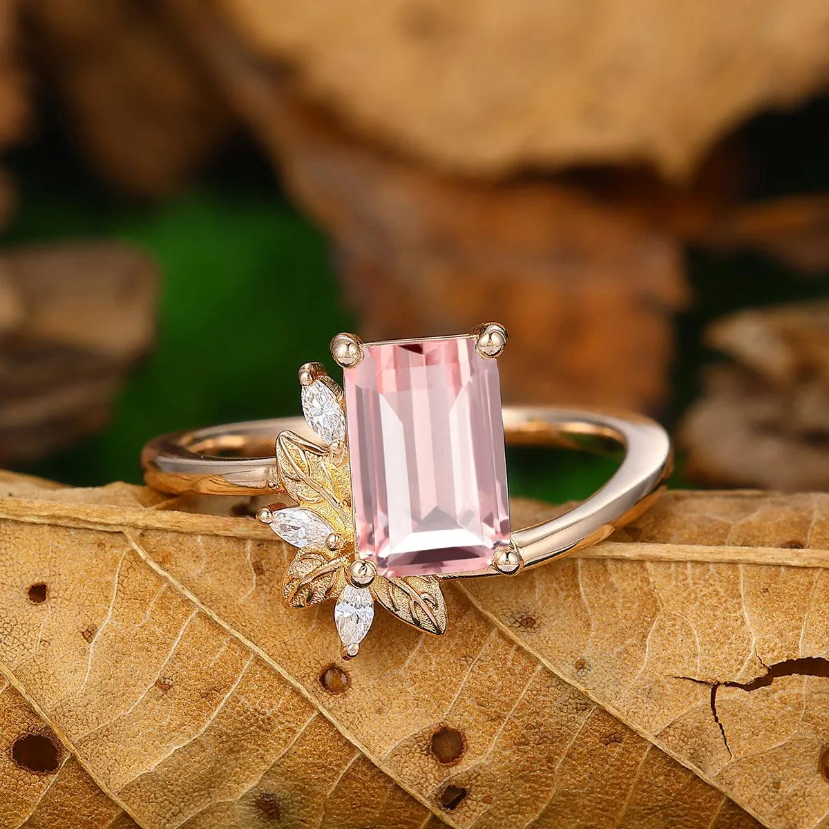 Personalized Design 2 CT Emerald Cut Natural Pink Morganite Bridal Ring
