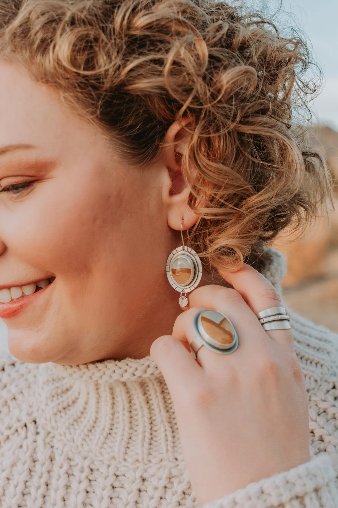 Picture Jasper   Silver Dot Statement Earrings