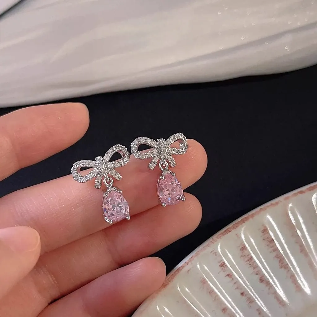 Pink Crystal Bowknot Dangle Earrings