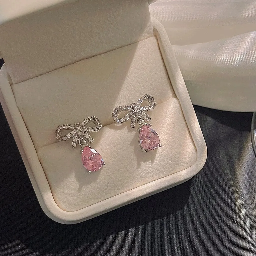 Pink Crystal Bowknot Dangle Earrings