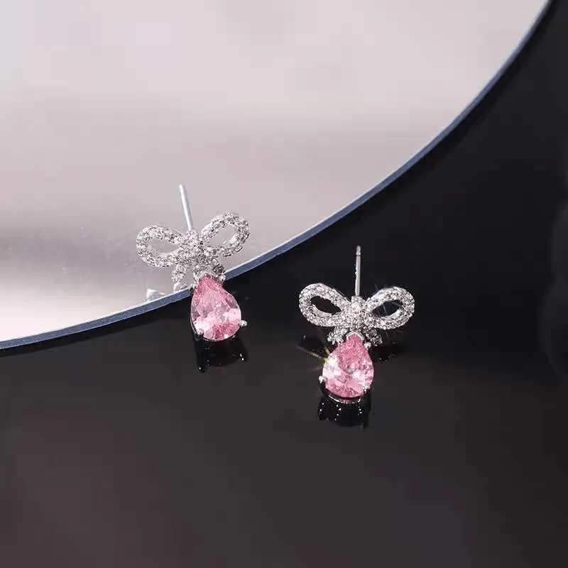Pink Crystal Bowknot Dangle Earrings