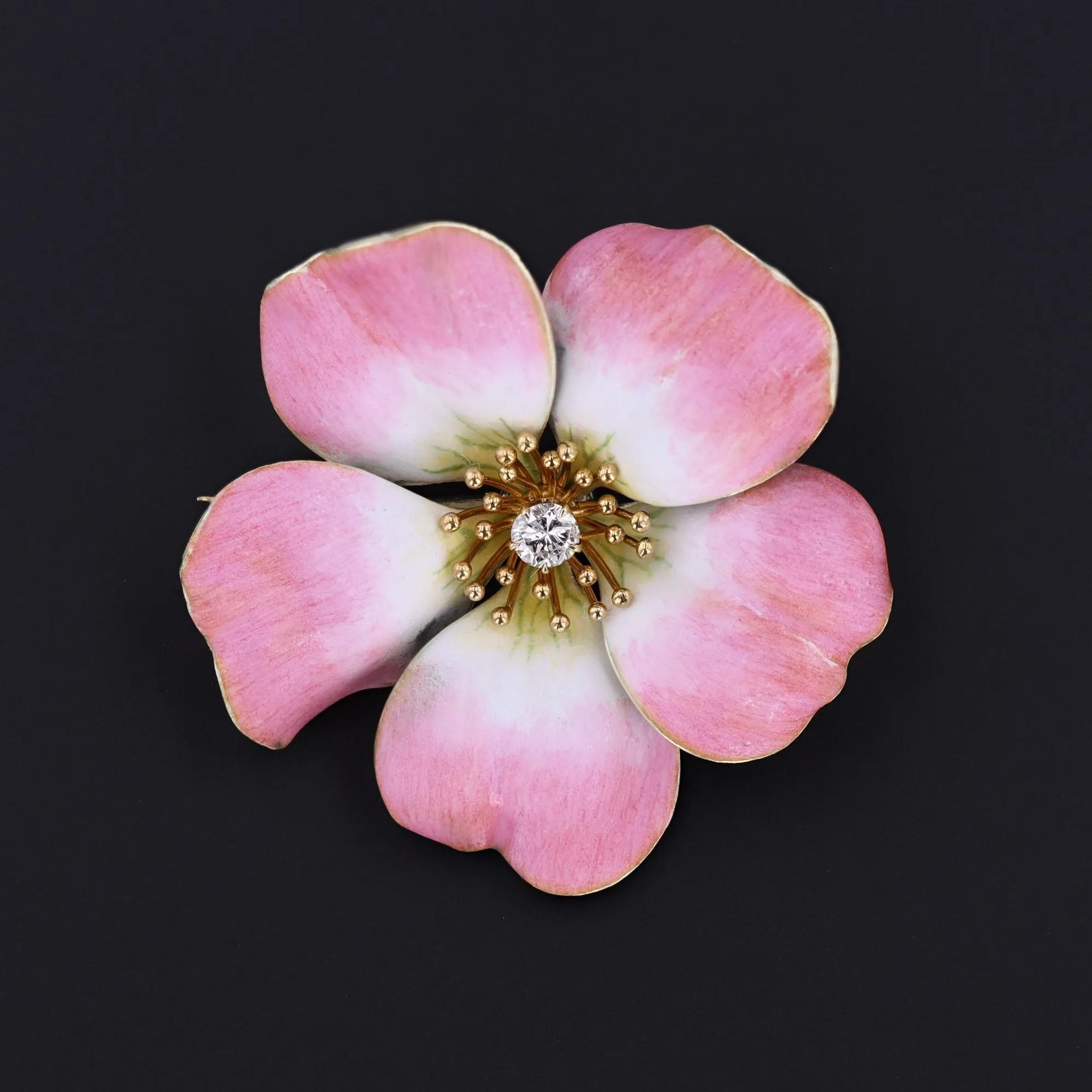 Pink Enamel Dog Rose Flower Brooch | 14k Gold Flower Brooch