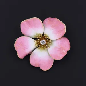 Pink Enamel Dog Rose Flower Brooch | 14k Gold Flower Brooch