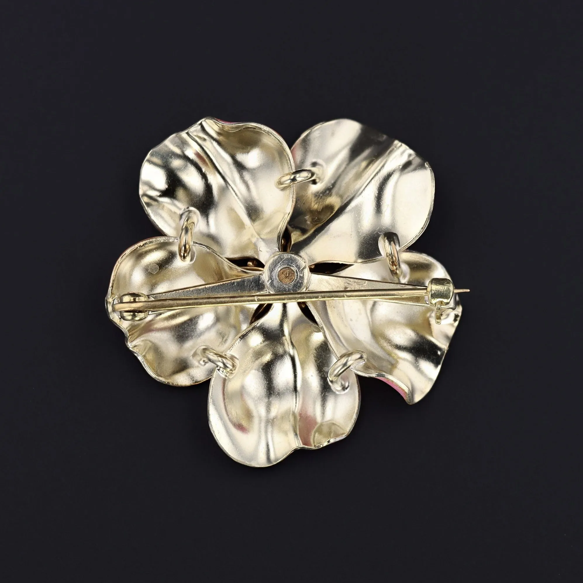 Pink Enamel Dog Rose Flower Brooch | 14k Gold Flower Brooch