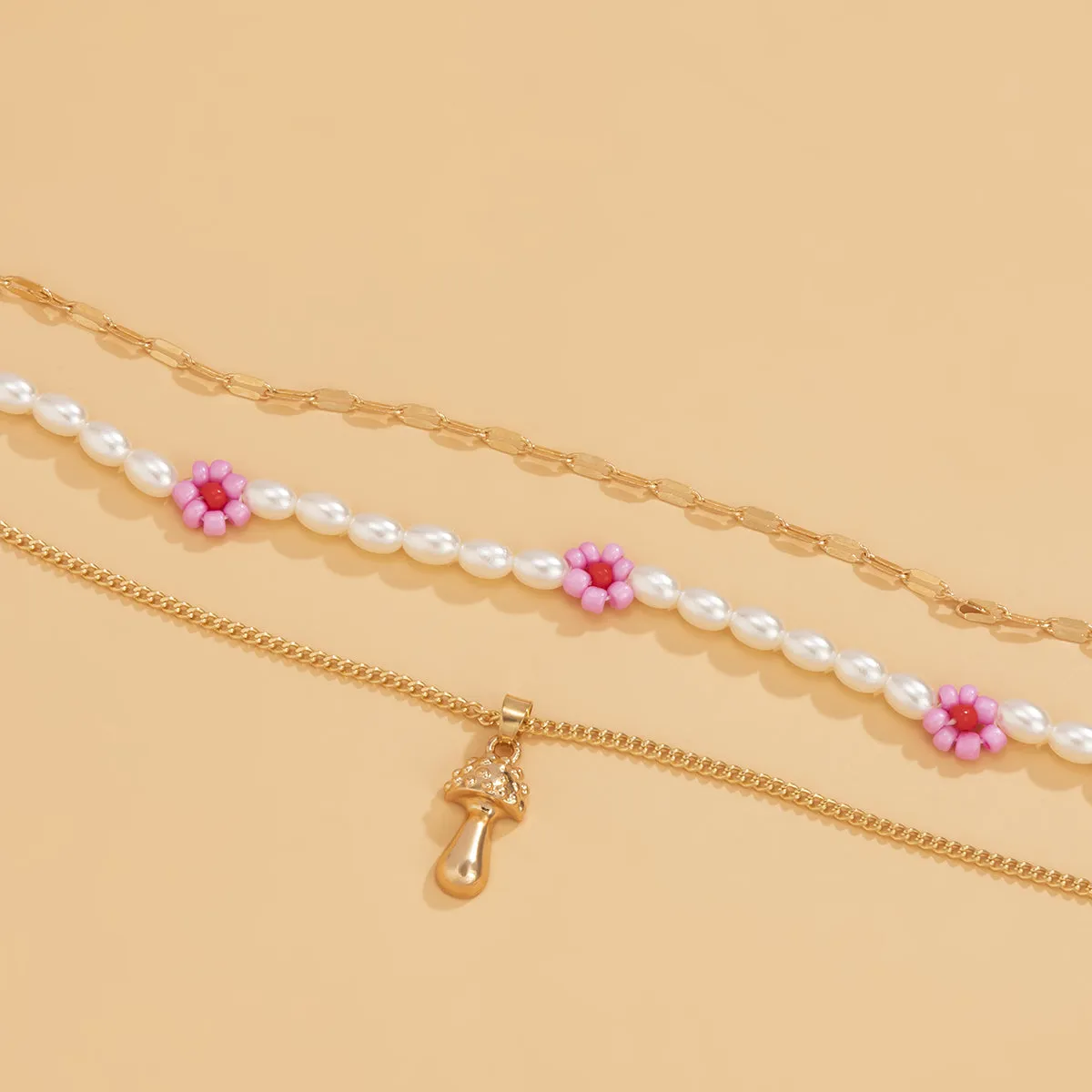 Pink Howlite & Pearl 18K Gold-Plated Mushroom Pendant Necklace Set