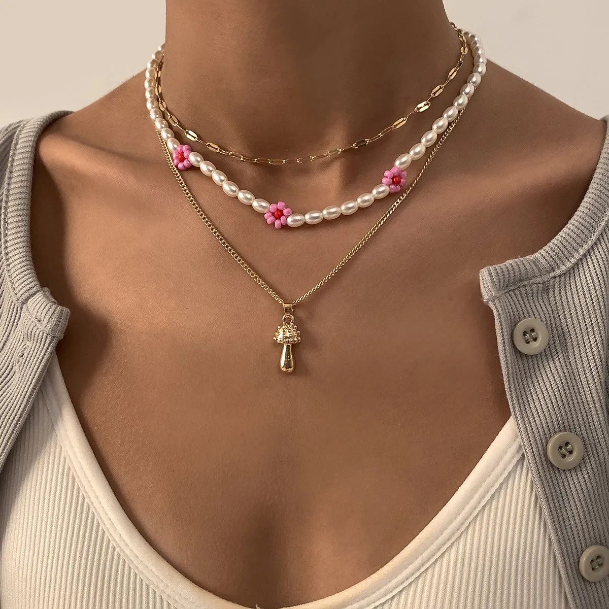 Pink Howlite & Pearl 18K Gold-Plated Mushroom Pendant Necklace Set