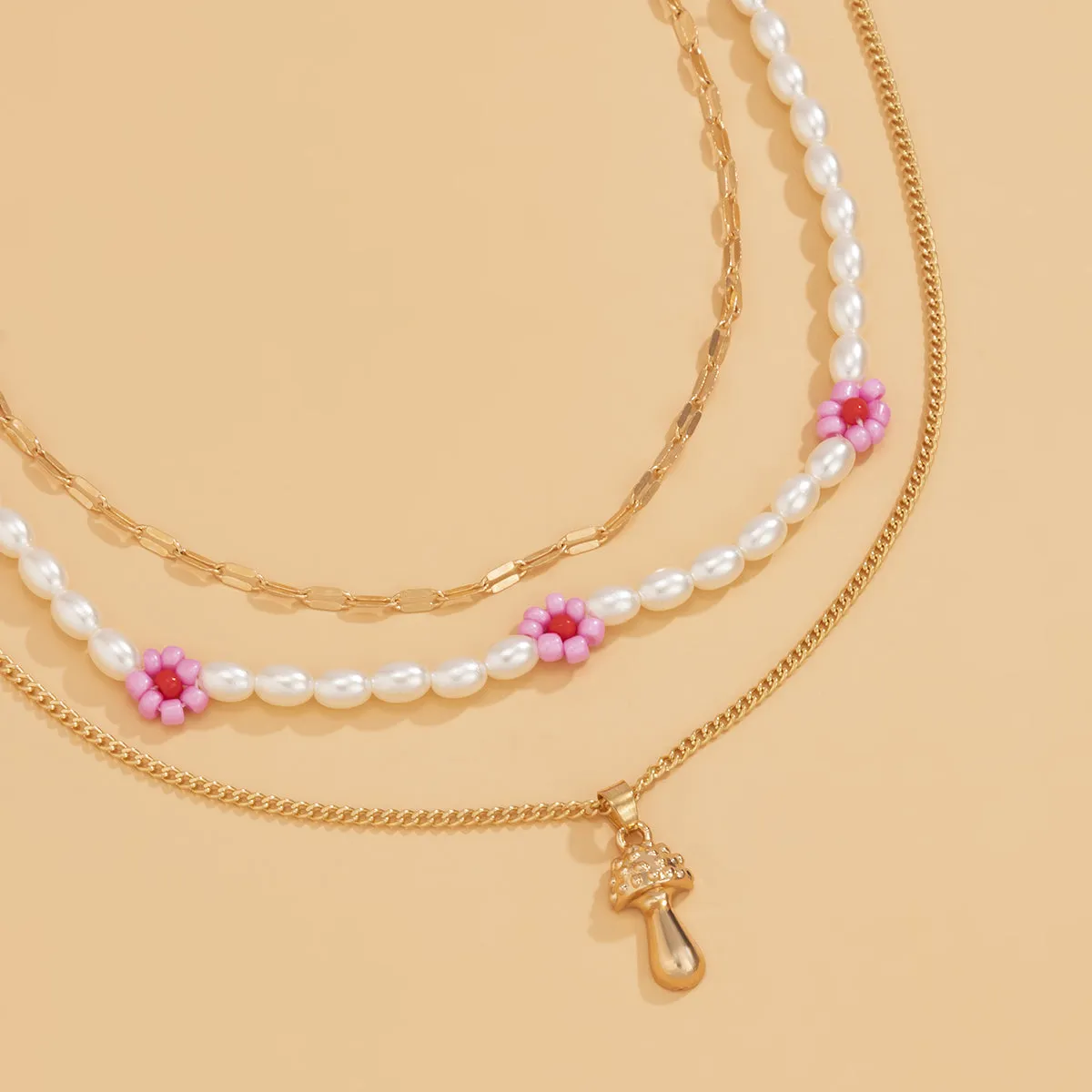 Pink Howlite & Pearl 18K Gold-Plated Mushroom Pendant Necklace Set
