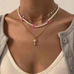 Pink Howlite & Pearl 18K Gold-Plated Mushroom Pendant Necklace Set