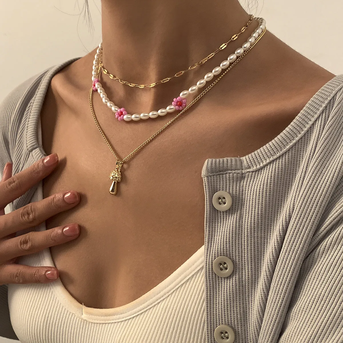 Pink Howlite & Pearl 18K Gold-Plated Mushroom Pendant Necklace Set
