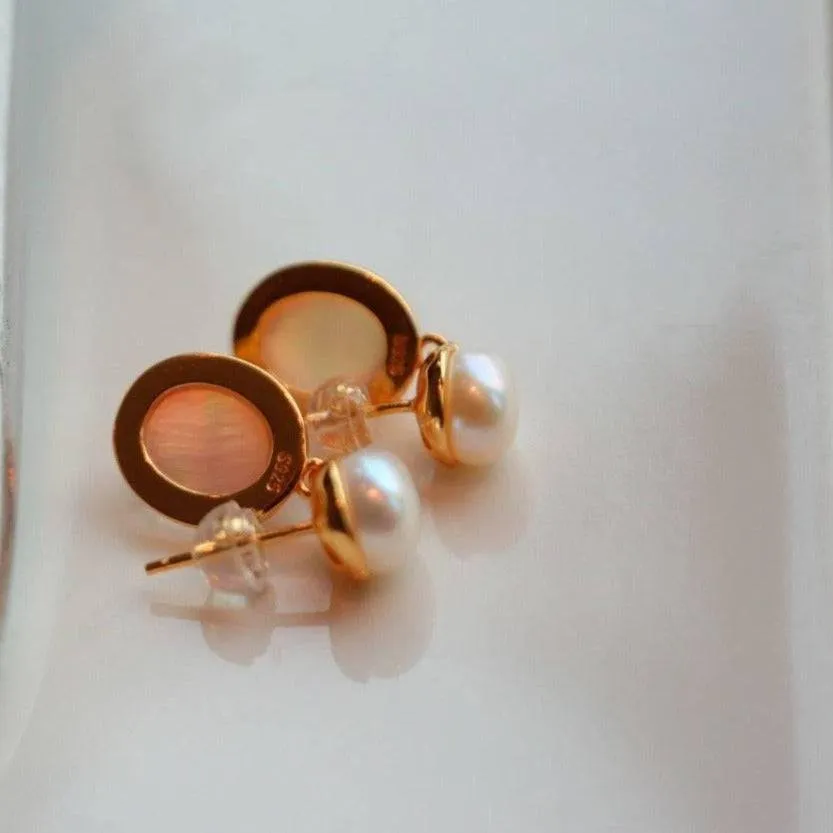 Pink Natural Crystal Mother of Pearls Earrings Gold Vermeil