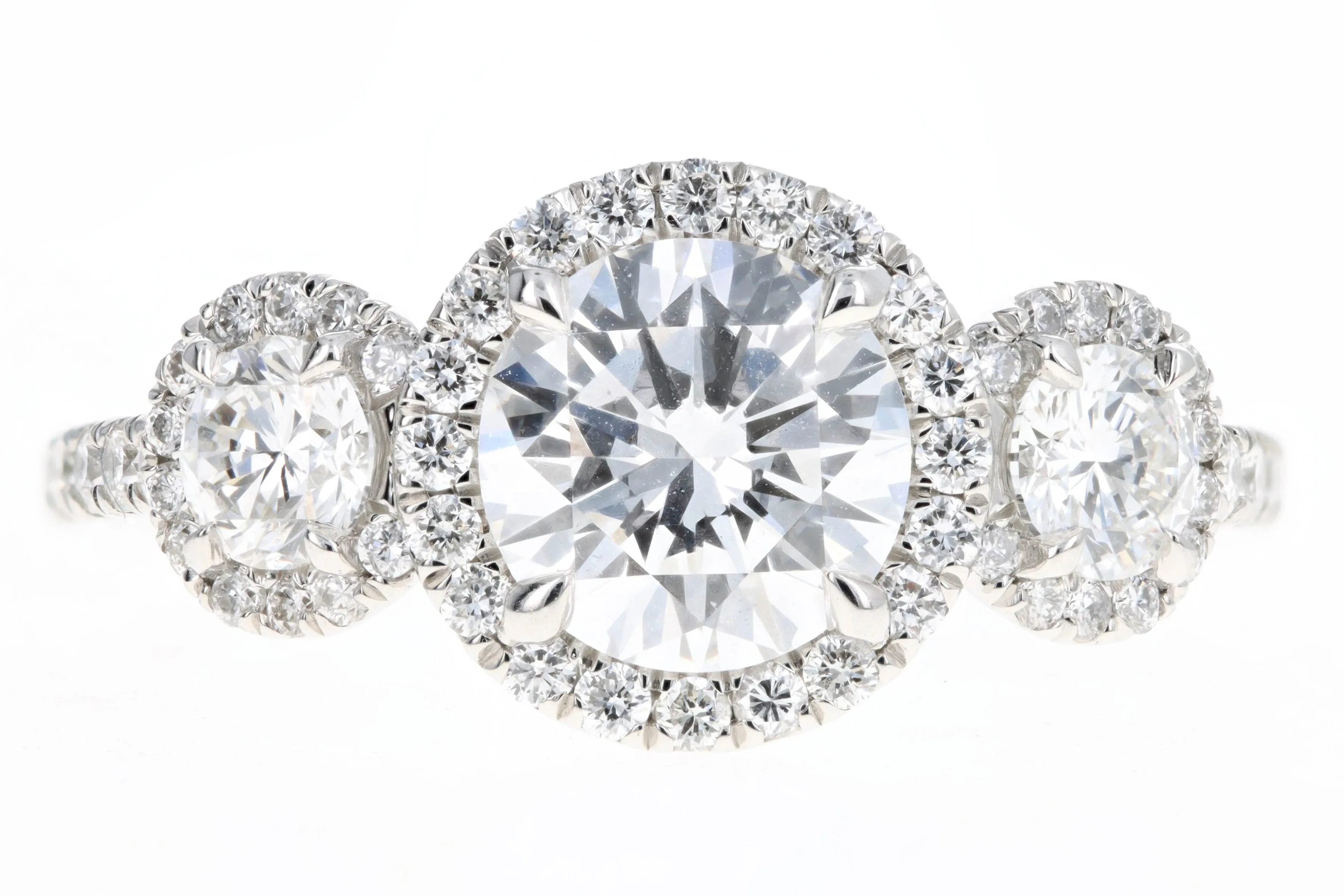 Platinum 1.20 Carat Round Brilliant Diamond Three Stone Halo Engagement Ring GIA Certified
