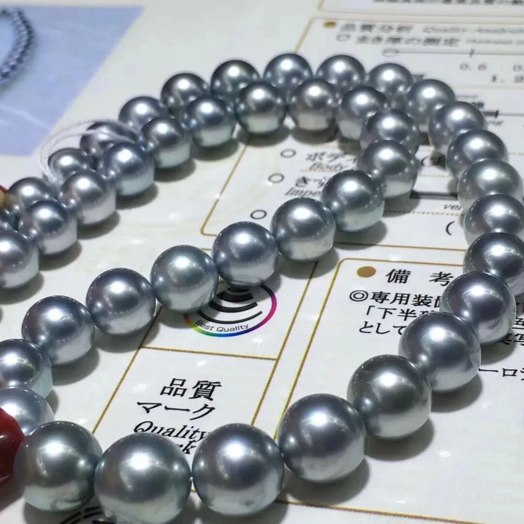 PLATINUM BLACK | 8.0-11.0 mm Silver Blue Tahitian South Sea Pearl Necklace | PSL Certificate