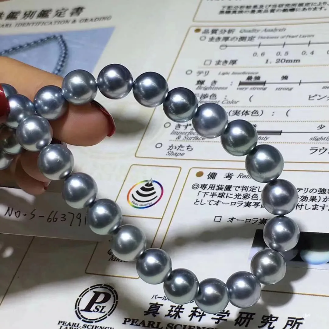 PLATINUM BLACK | 8.0-11.0 mm Silver Blue Tahitian South Sea Pearl Necklace | PSL Certificate
