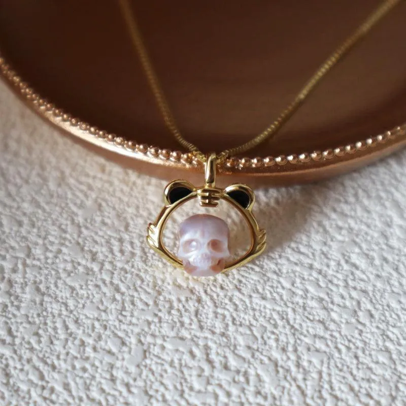 Playful Charm Cute Tiger Cub Pearl Skull Necklace