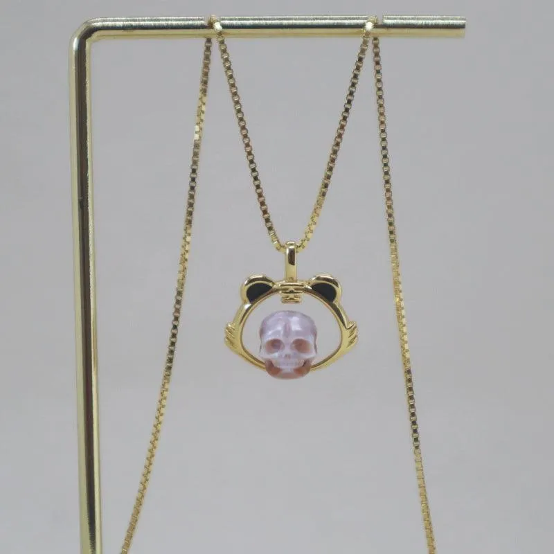 Playful Charm Cute Tiger Cub Pearl Skull Necklace