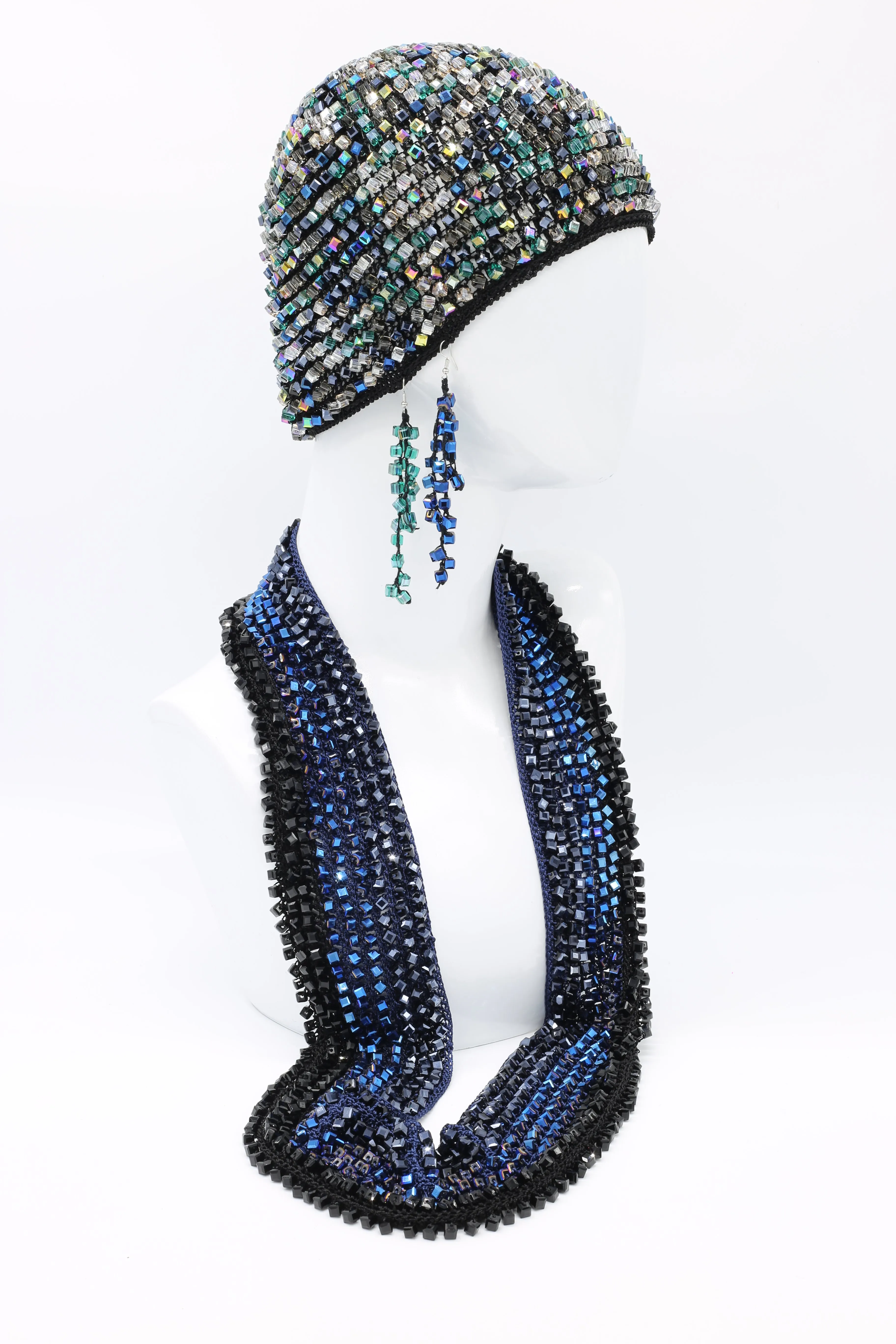 PRE-ORDER: Diana Hand-crocheted Crystal Hat & Infinity Necklace & Earrings Set - Winter Multi