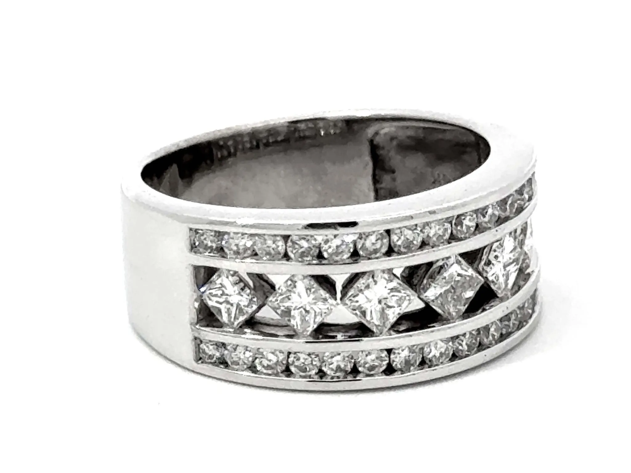 Princess Cut and Brilliant Cut Wide Diamond Band Ring 14k White Gold