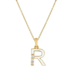 R Initial Pendant with White Enamel
