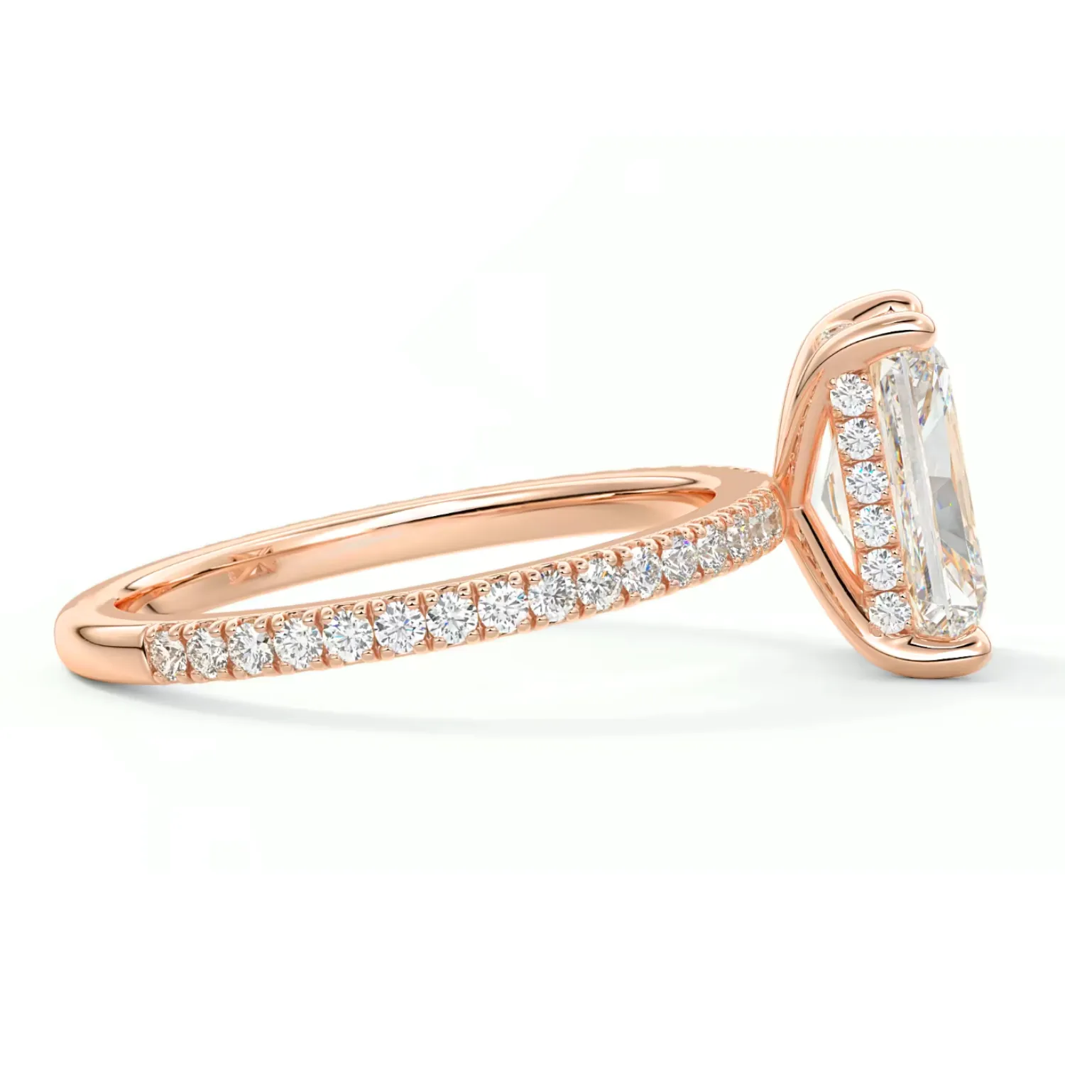 Radiant Cut Diamond on a Pavé Band with a Hidden Halo