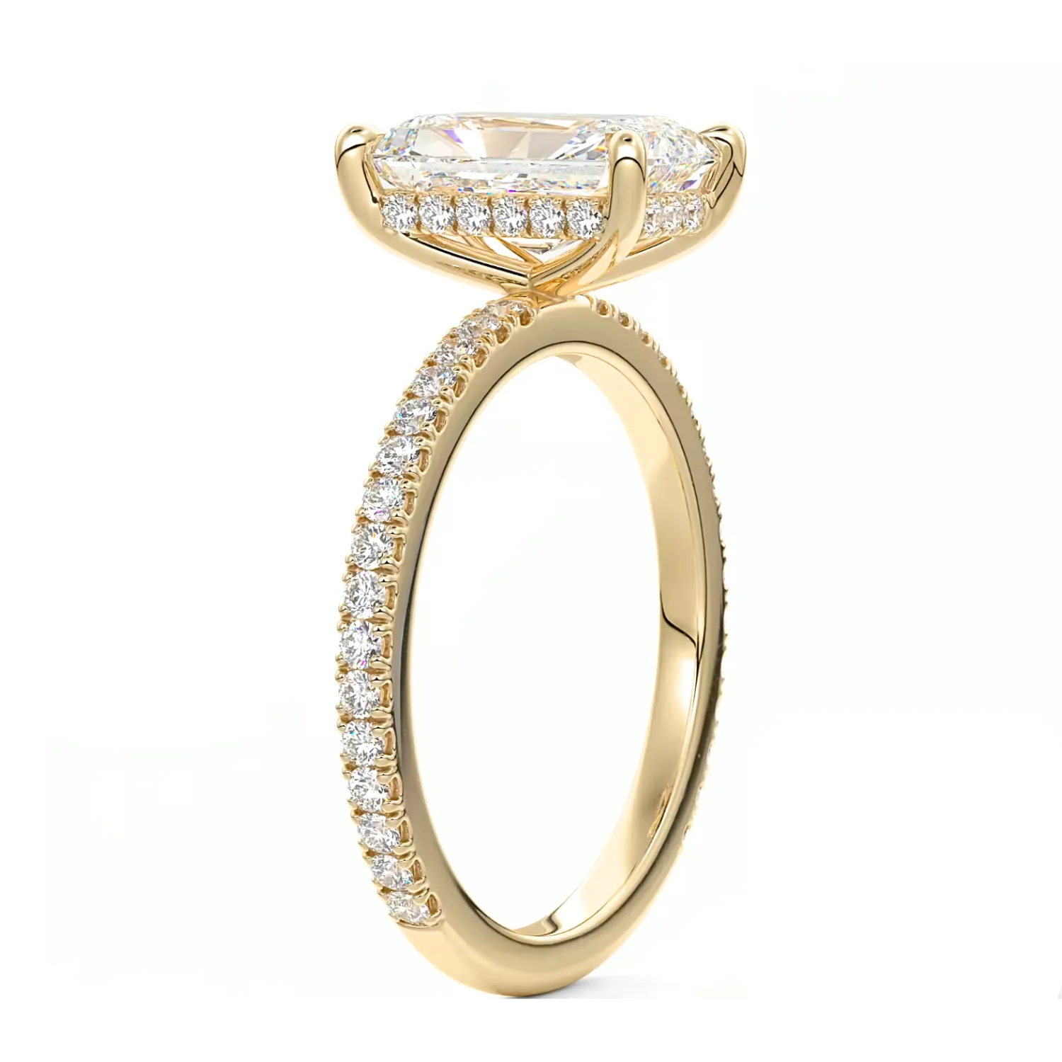 Radiant Cut Diamond on a Pavé Band with a Hidden Halo