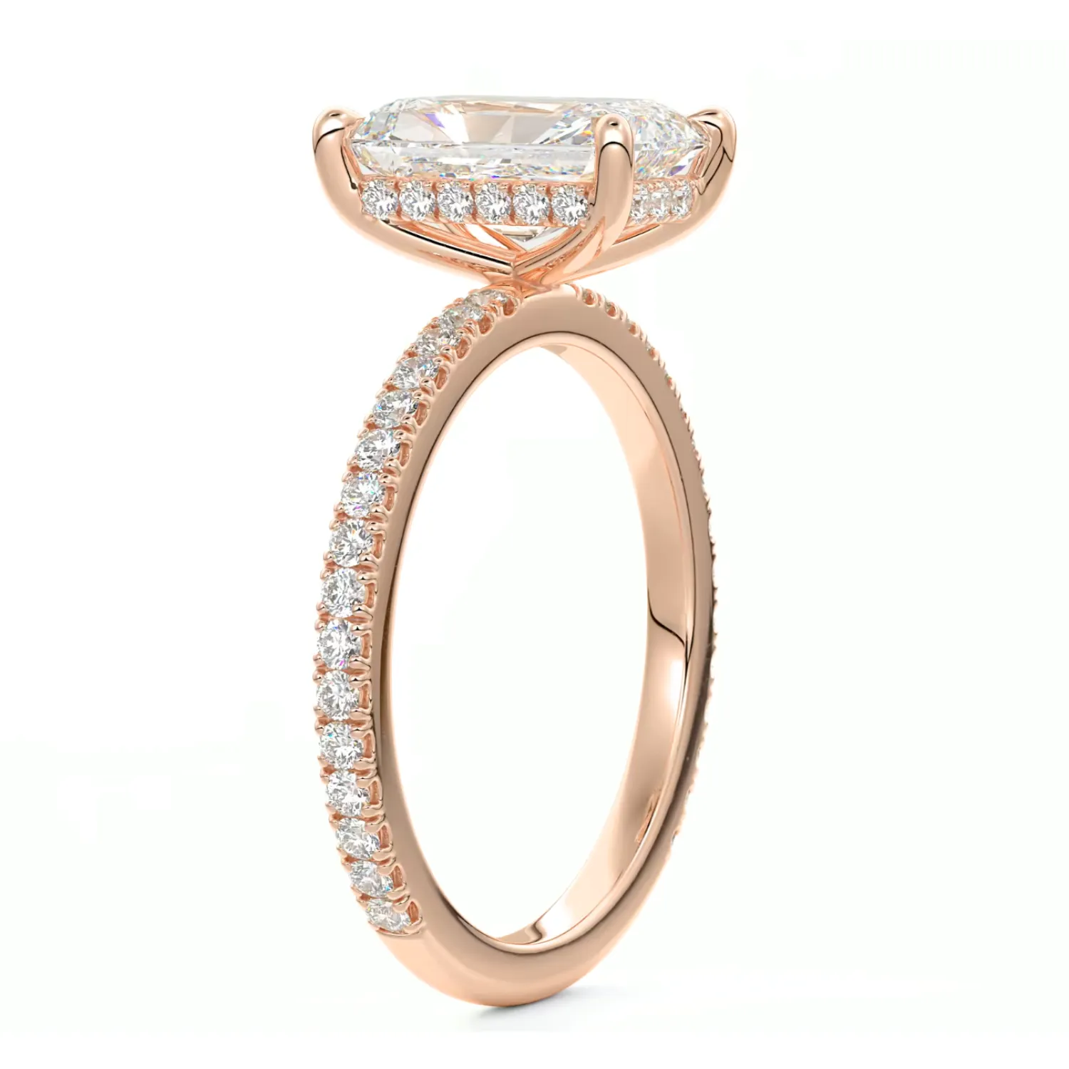 Radiant Cut Diamond on a Pavé Band with a Hidden Halo