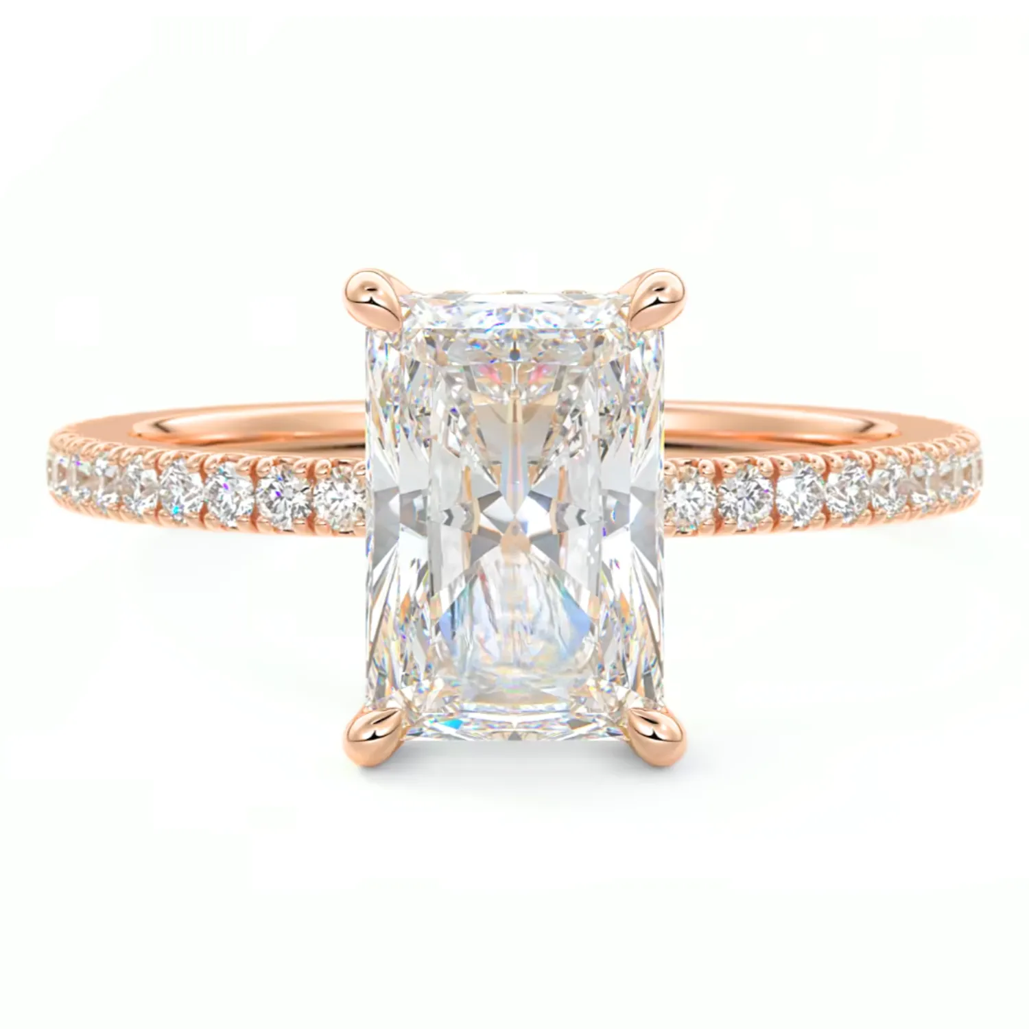 Radiant Cut Diamond on a Pavé Band with a Hidden Halo