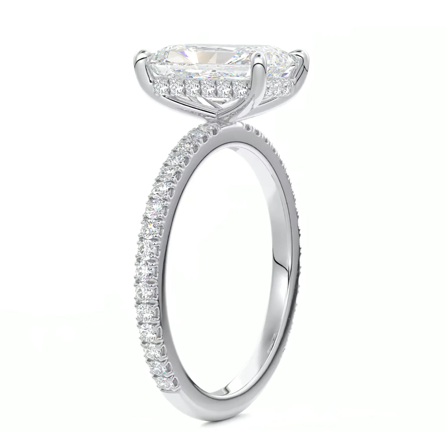 Radiant Cut Diamond on a Pavé Band with a Hidden Halo