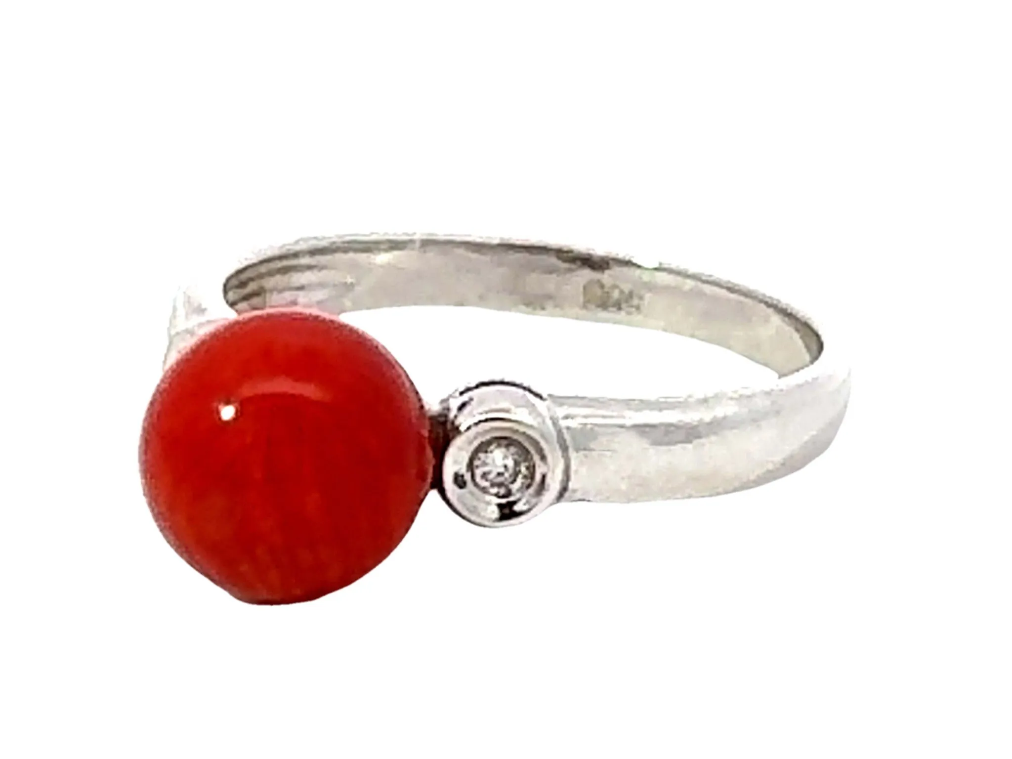 Red Aka Coral Sphere and Diamond Ring 14k White Gold
