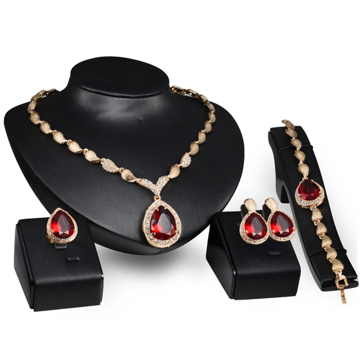 Red Crystal & 18K Gold-Plated Cubic Zirconia-Accent Halo Teardrop Pendant Necklace Set