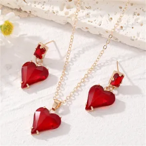 Red Crystal & 18K Gold-Plated Heart Pendant Necklace & Drop Earrings