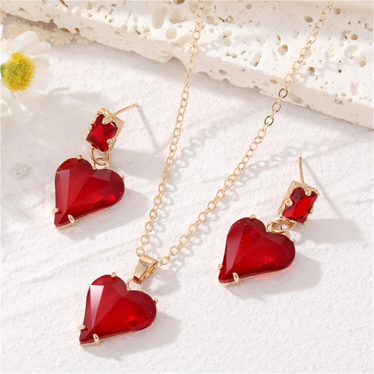 Red Crystal & 18K Gold-Plated Heart Pendant Necklace & Drop Earrings
