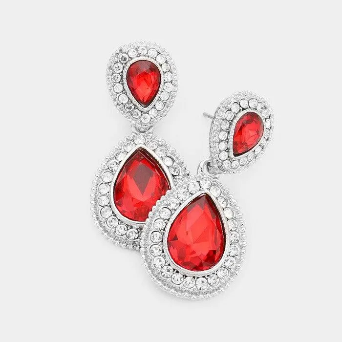 Red Crystal Teardrop Silver Earrings