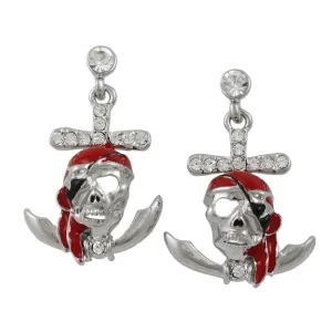Red Enamel and Crystal Pirate Skull Pierced Earring - PT789E