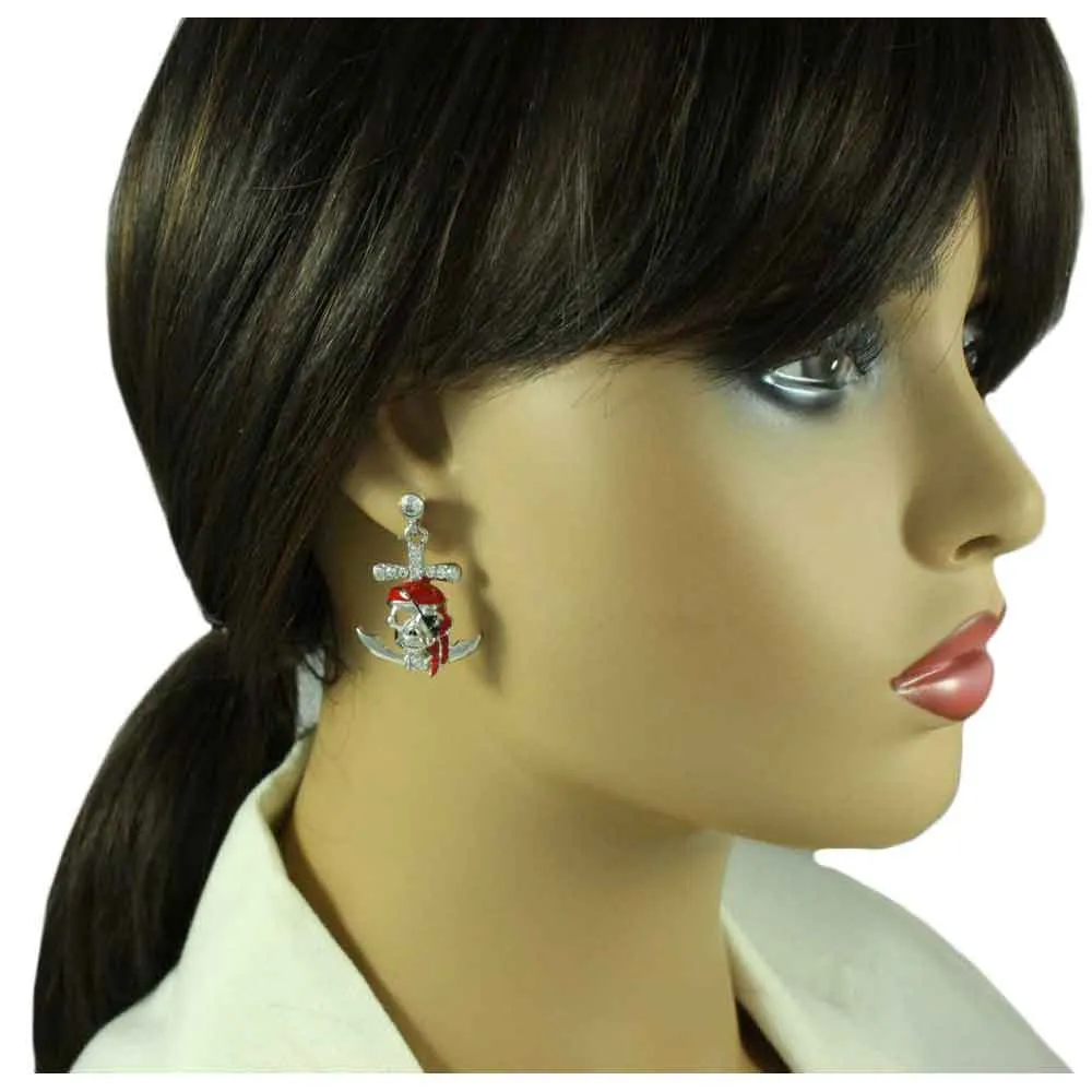 Red Enamel and Crystal Pirate Skull Pierced Earring - PT789E
